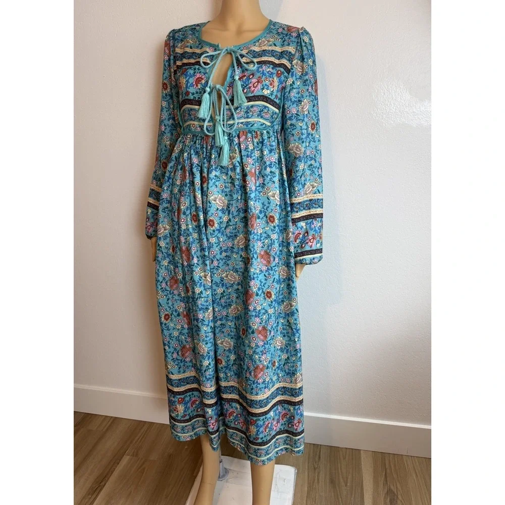 Y2K Blue Floral Tassel Tie Long Sleeve Cottage Bohemian Womens Midi Dress Sz M